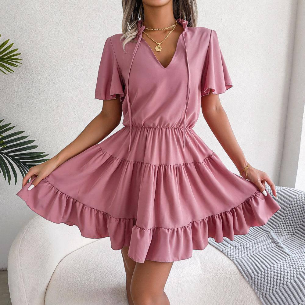 Female Flounced Skirt Ribbon Big Hem A- Line Skirt Solid-2