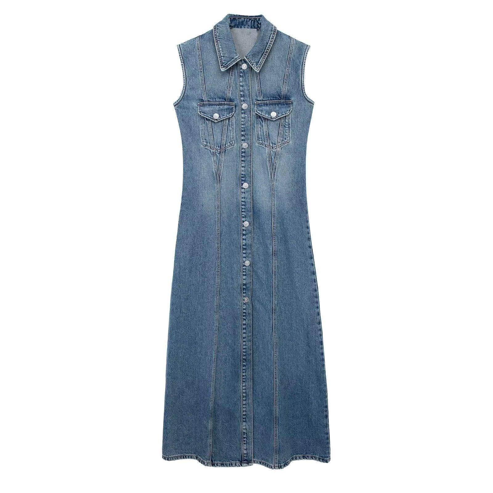 Female Sleeveless Denim Dress-blue-2