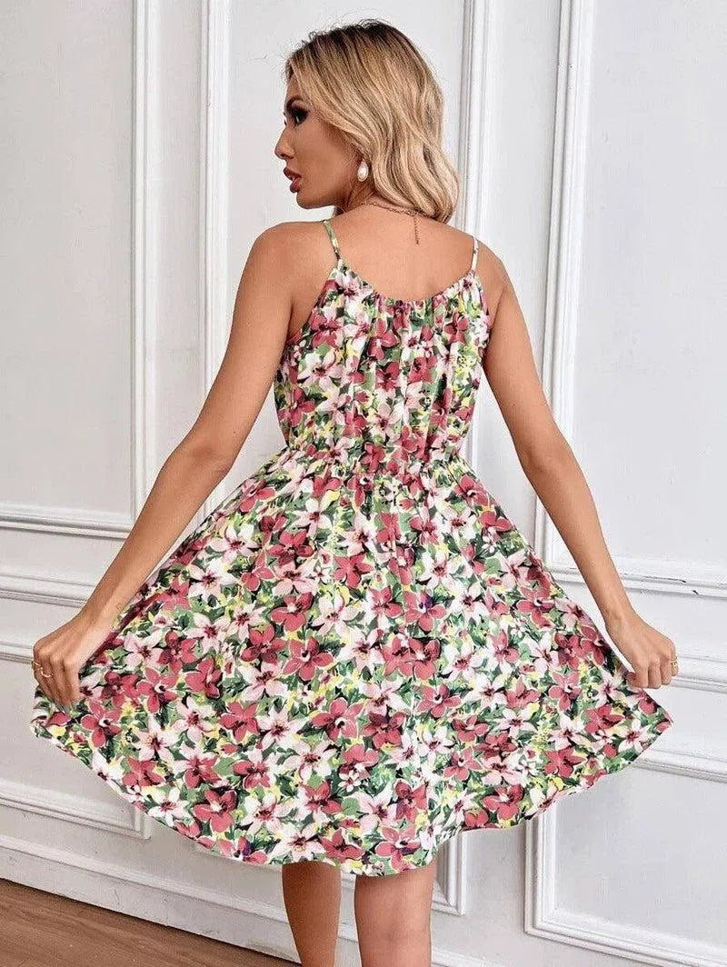 Floral Print Suspender Dress With Elastic Waist Design Fashion Summer Short Dresses Womens Clothing-3