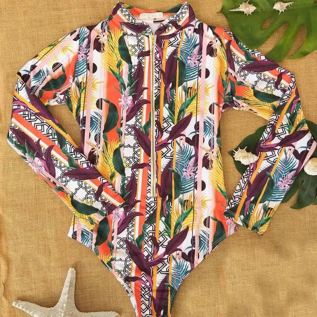 Flower Print Swimsuit Female One-Piece Bikini Long-Sleeved-1