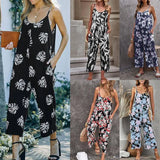 Flowers Print Suspender Jumpsuit With Pockets Spring Summer Fashion Round-neck Overalls For Womens Clothing-1