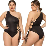 Foreign Trade Oblique Shoulder Plus Fat Swimsuit-Black-1