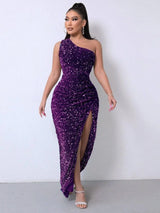 Foreign Trade Sleeveless One Shoulder Slash Neck Sequins-Deep purple-20