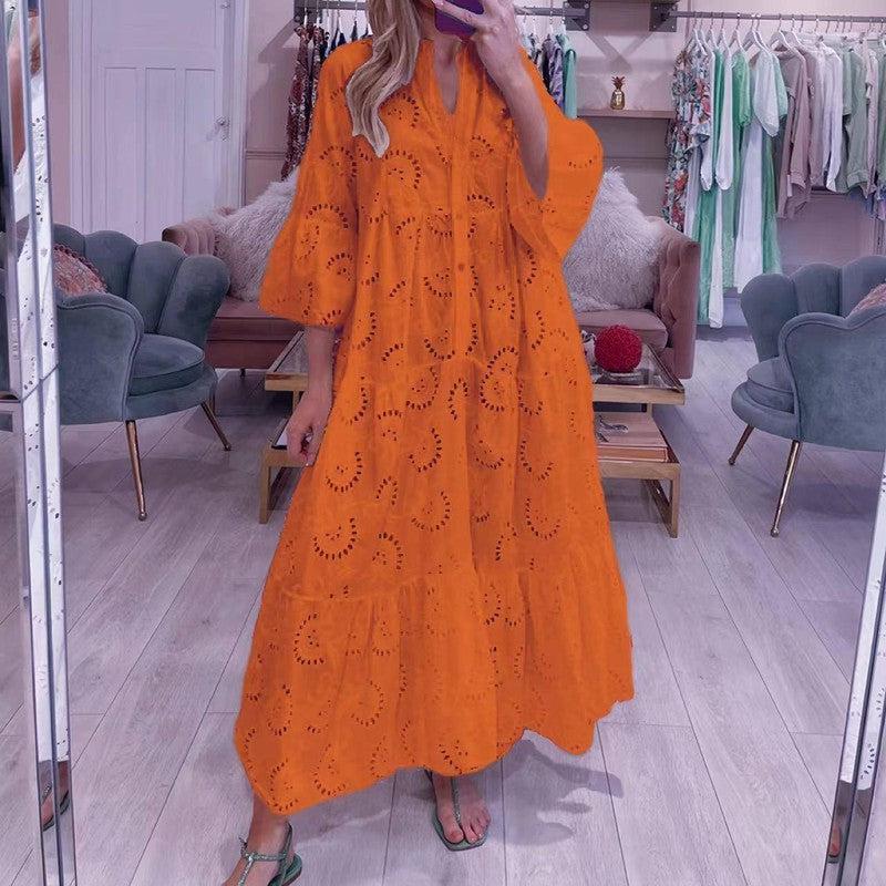 French Style V-neck Bell Sleeve Lace Hollow Out Solid Color-Orange-11