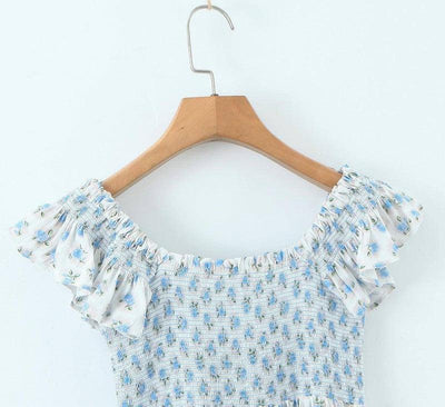 French Vacation Style Small Blue Flowers Elastic Loose Dress-10