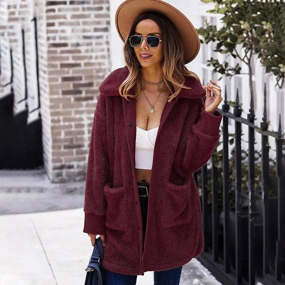 Furry Long Coat Winter Long-sleeved Double-faced Fleece Coat-Winered-4