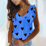 Heart Print V-Neck Ruffled Pleated T-Shirt Top-Blue-7