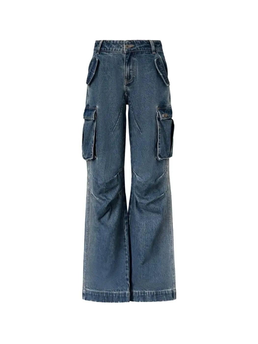 Heavy Industry Loose Wide-leg Denim Overalls-Navy Blue-2