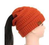 High Bun Ponytail Beanie Hat Chunky Soft Stretch Cable Knit-Orange-24