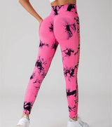 Hollow Tie Dye Printed Yoga Pants High Waist Butt Lift-Rose Red-6