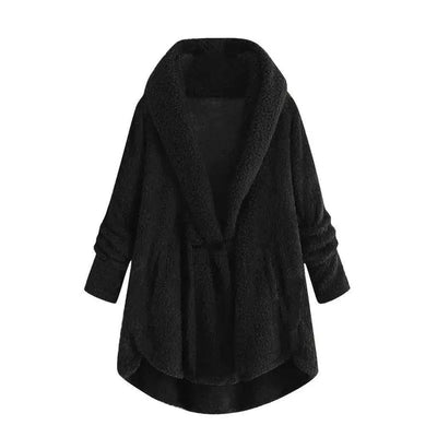 Hooded solid color casual jacket with horn button plush top-Black-1