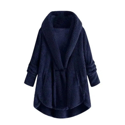 Hooded solid color casual jacket with horn button plush top-Navy-2