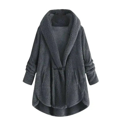 Hooded solid color casual jacket with horn button plush top-Dark grey-5