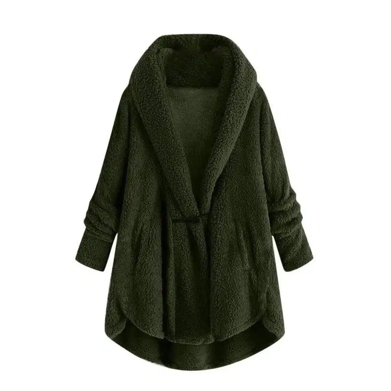 Hooded solid color casual jacket with horn button plush top-ArmyGreen-6