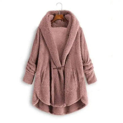 Hooded solid color casual jacket with horn button plush top-Pink-8