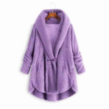 Hooded solid color casual jacket with horn button plush top-Purple-9