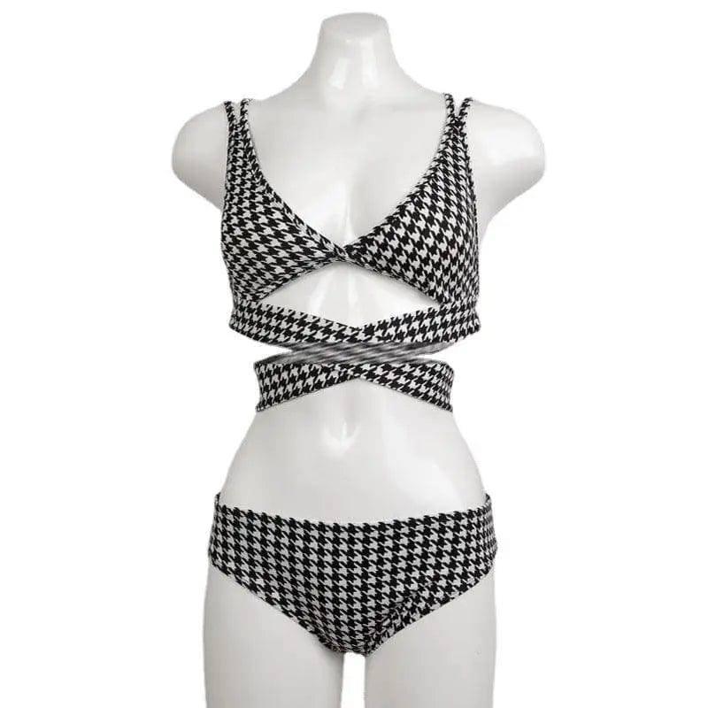 Houndstooth Cross-Tie Swimsuit Bikini-Houndstooth-2