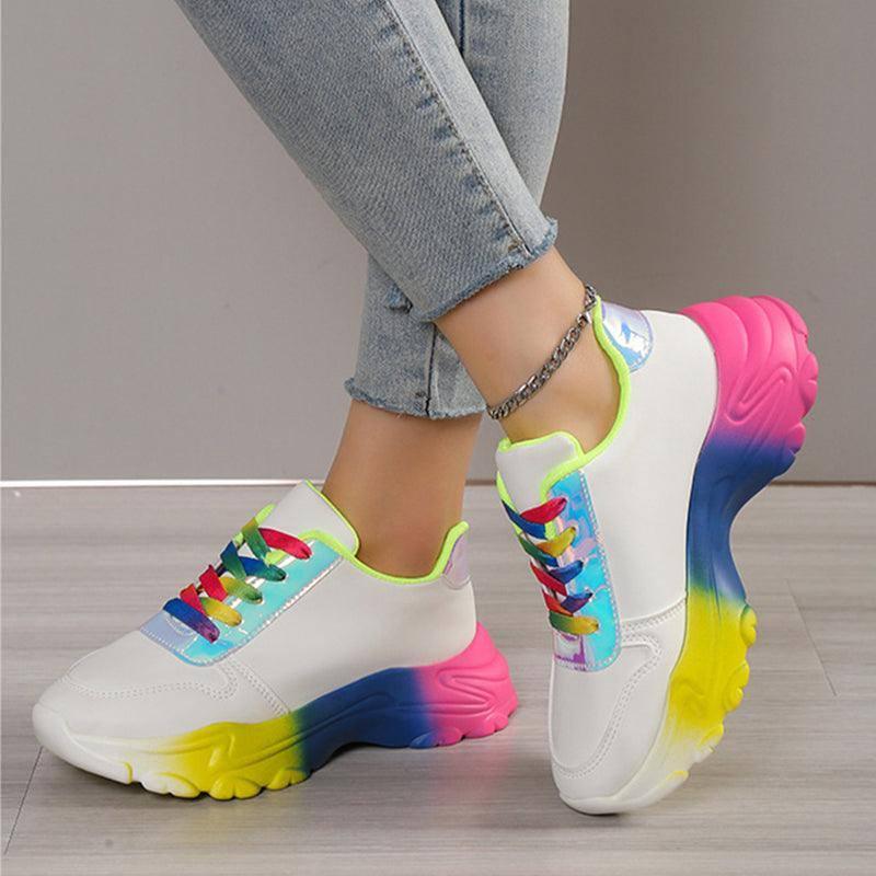 INS Style Rainbow Color Sports Shoes For Women Thick Bottom Lace-up Sneakers Fashion Casual Lightweight Running Walking Shoes-3