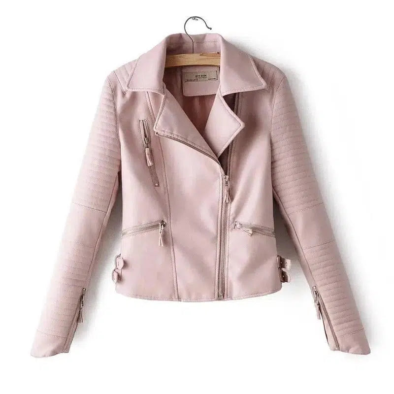 Irregular cuff motorcycle leather jacket-Pink-12