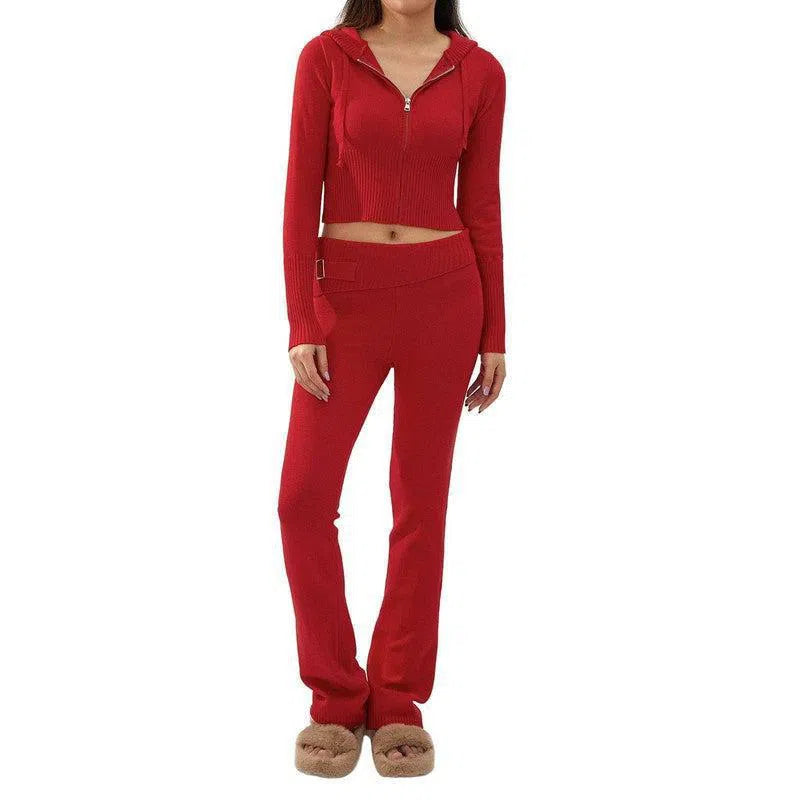 Knitted Hooded Suits Women's Fashion High Waist-Red-10