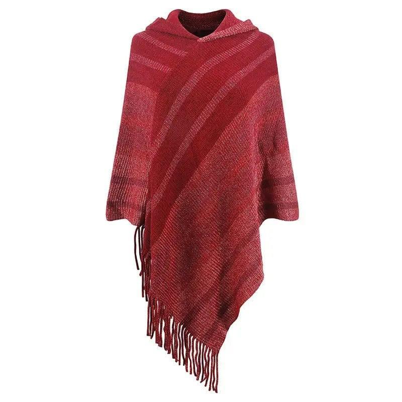 Knitted Tassel Shawl Cape Women-Red-4