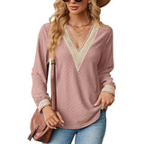 Lace Stitching V-neck T-shirt Loose Long-sleeved Solid Color-Leather Pink-8