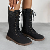 Lace Up Boots Winter Cowboy Boots Women Block Heel Round Toe-Black-2