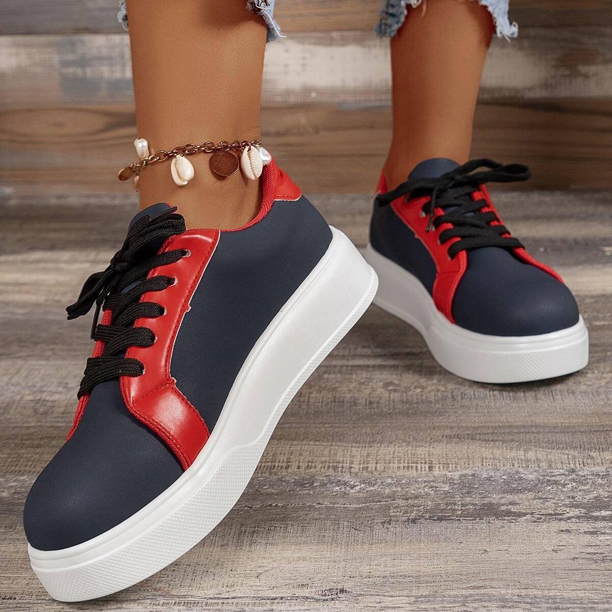 Lace-up Flats Women Walking Sports Skateboard Shoes Retro-Navy Blue-5