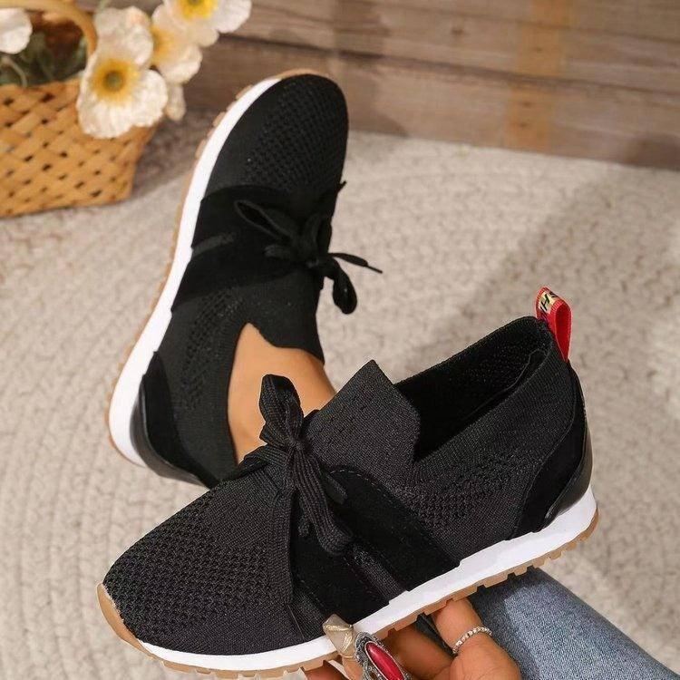 New Lace Up Flats Shoes For Women Breathable Casual Breathable Walking Wedges Shoes-Black-5