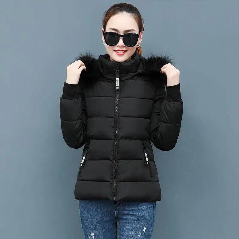 Ladies large fur collar padded down jacket-Black-5