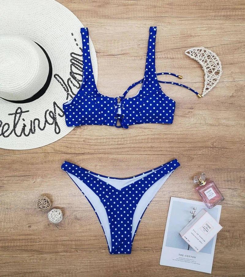 Ladies Split Polka Dot Print Swimsuit Swimwear-Blue-4