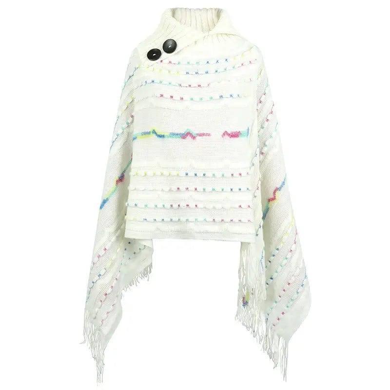 Lapel Button Pullover Shawl Women's Knitted Cape-White-6