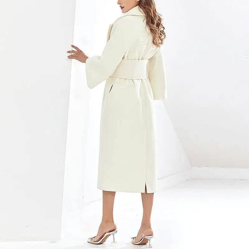 Lapel Waist White Mid-length Woolen Coat-2