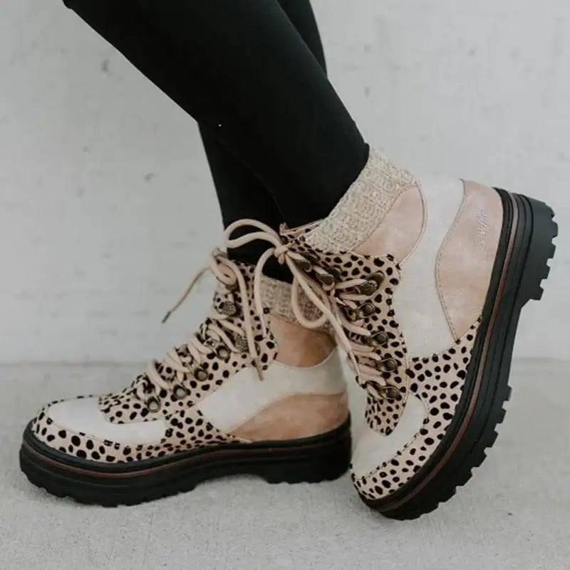 Leopard Boots Women Lace Up Martin Boots Winter Low Heel-3