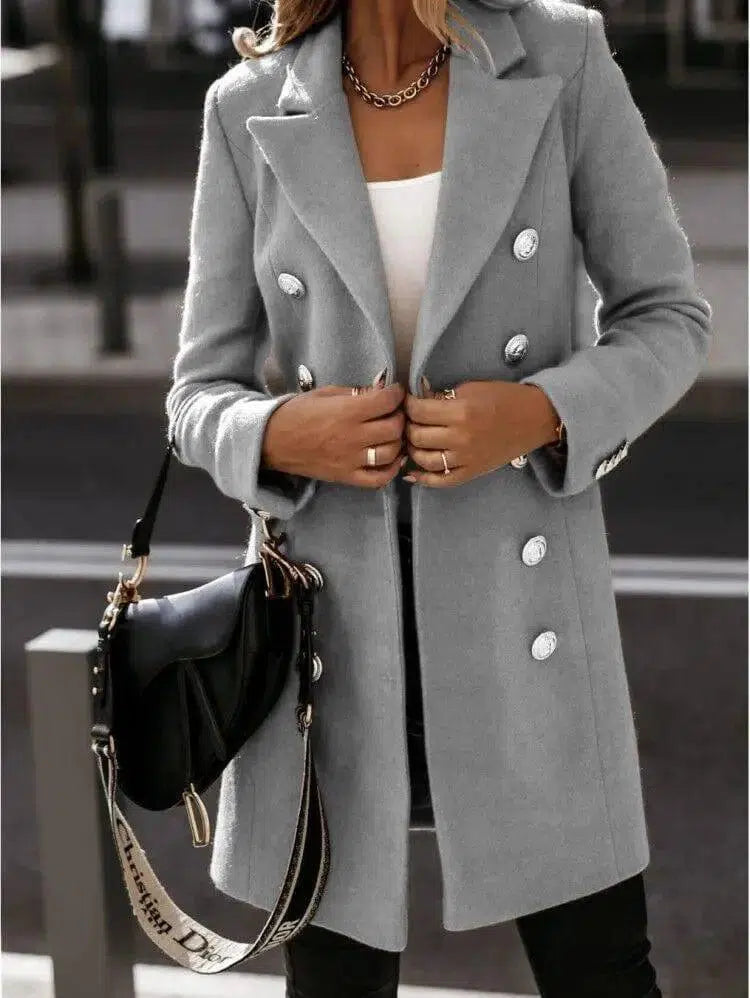 Long-sleeve Blazer-collar Double-breasted Nizi Coat-Grey-3