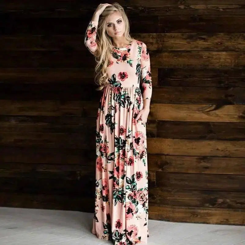 Long Sleeve Printed Floral Dress-Pink-6