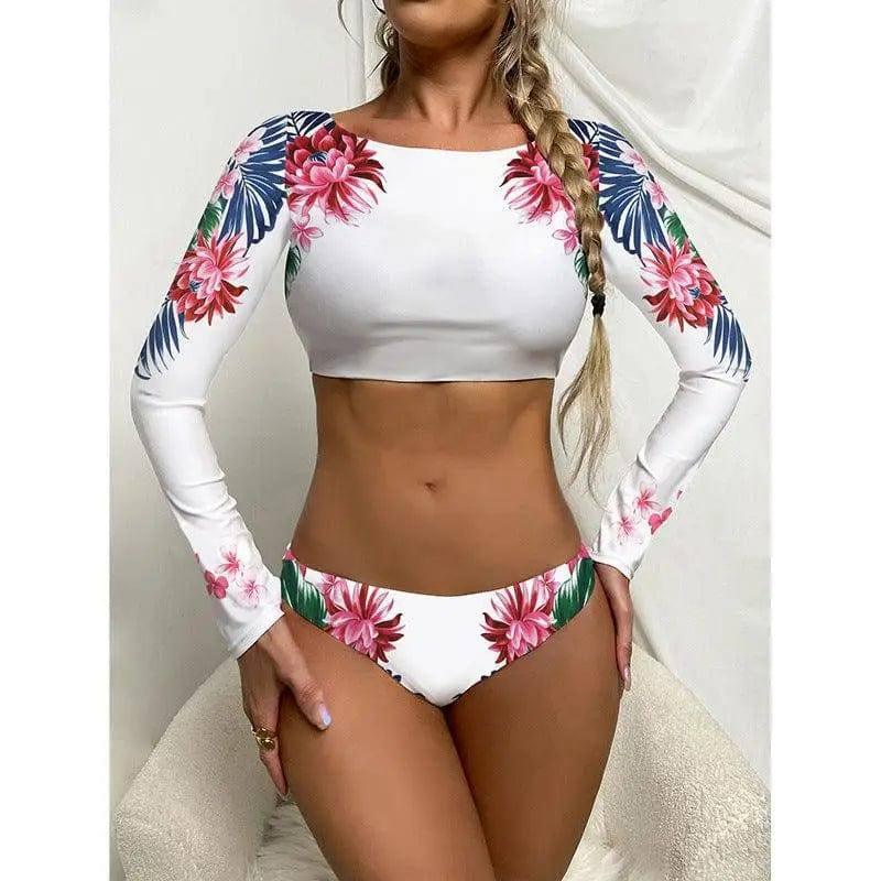 Long Sleeve Sunscreen Swimsuit Print Bikini-3