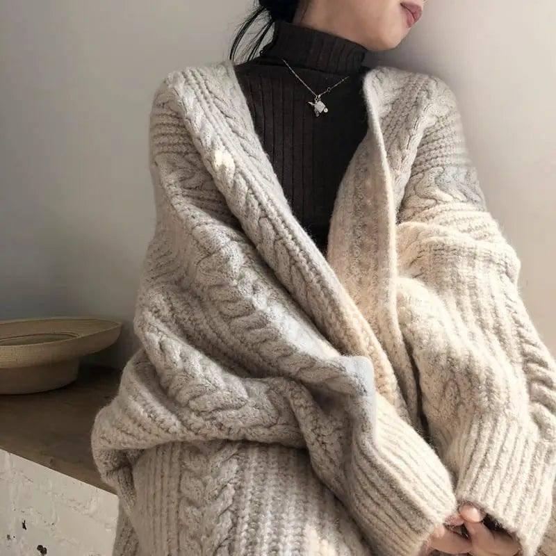 Long-sleeved Sweater Loose-fitting Knit Cardigan Jacket-Beige-5