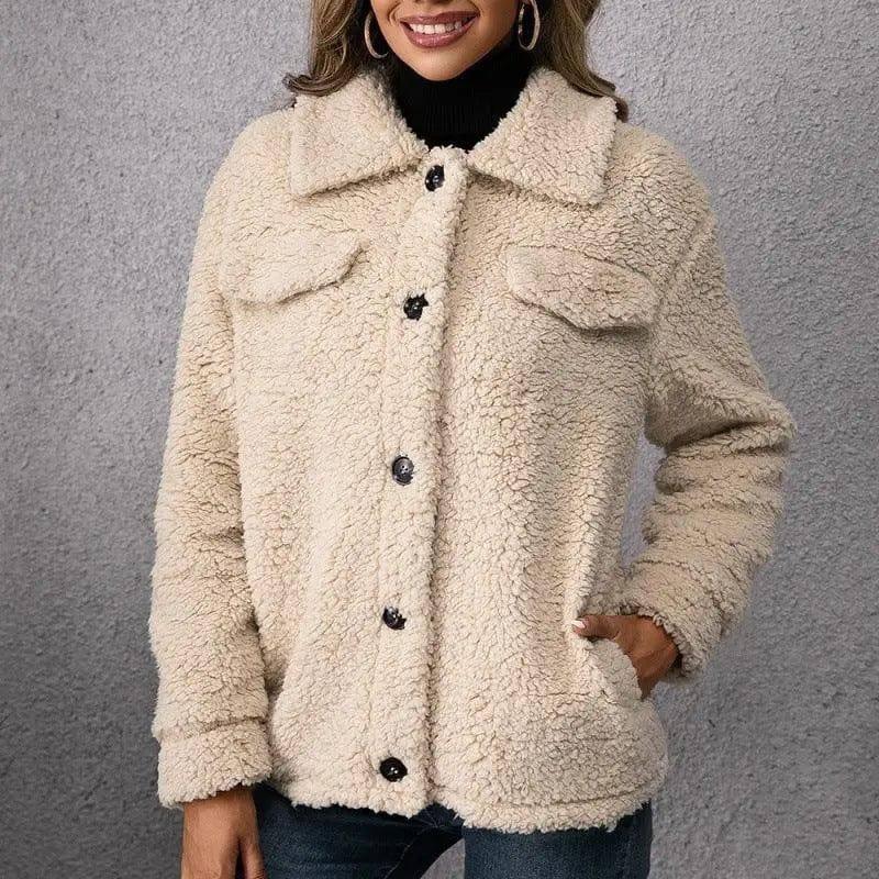 Loose Casual Lapel Plush Jacket Lamb Fleece Coat-Beige-4