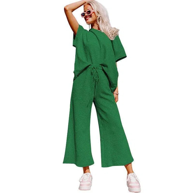 Loose Short Sleeve Trousers Suit-Green-10