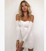 Bandage Dress Women Off Shoulder Long Sleeve Slim-White-25