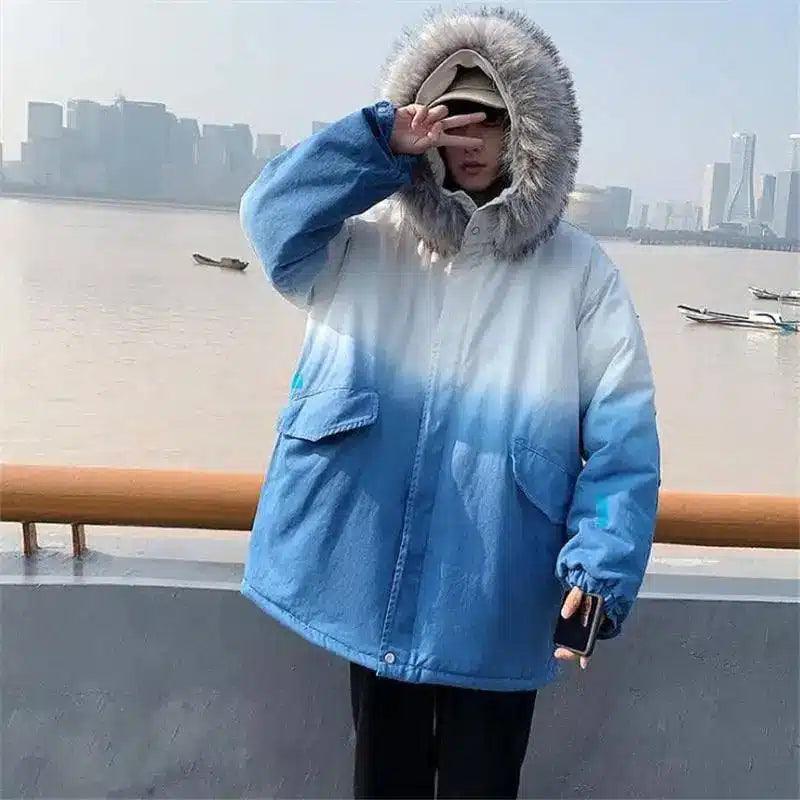 Big fur collar gradient coat-Blue-4