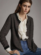 Black Textured Long-Sleeved Knitted Cardigan Short Coat-1