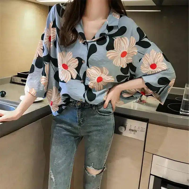 Floral V-Neck Women's Casual Blouse-Blue-2