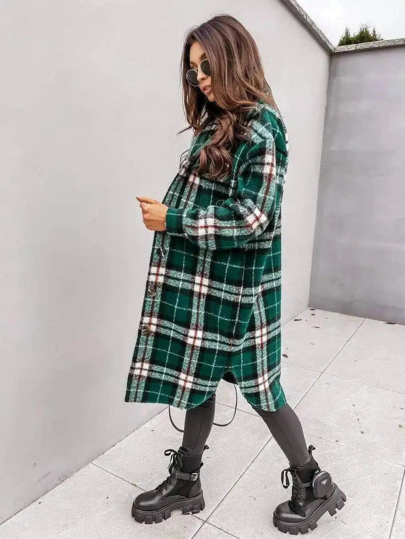 Button lapel casual warm plaid long woolen coat-Green-3