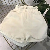 Calyx elastic waist denim shorts female summer high waist-White-32