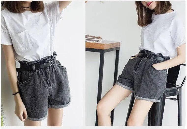 Calyx elastic waist denim shorts female summer high waist-gray-39