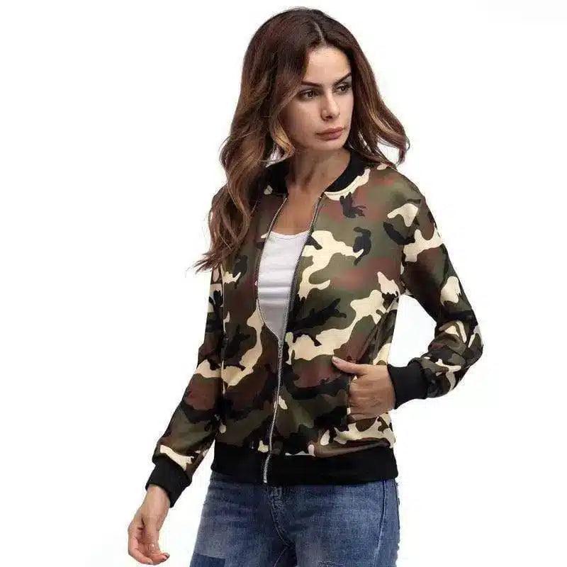 Women's Camo Print Casual Zip-Up Jacket-Camouflage green-1