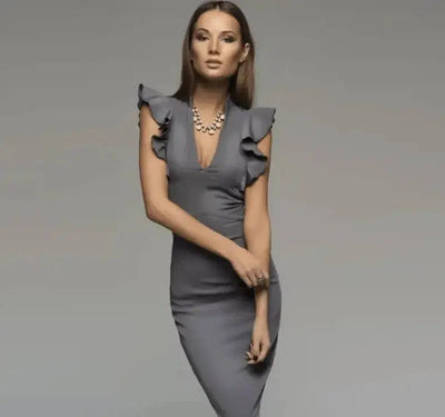 deep V-neck lotus leaf sleeve tight fit dress-Gray-8