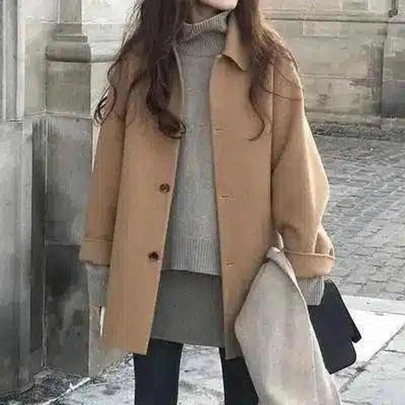 Warm Oversized Winter Coat with Button Closure-Khaki-3